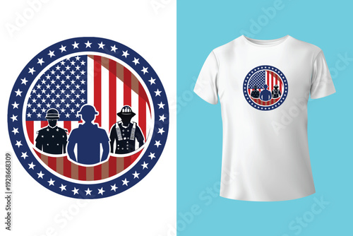 Memorial Day card or banner design with soldier's dog tags, banner and flag