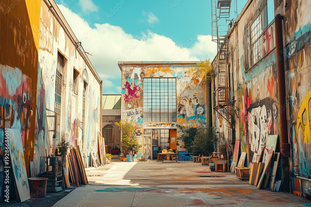 Fototapeta premium Abandoned canvas art on modern urban street with graffiti on the building wall.