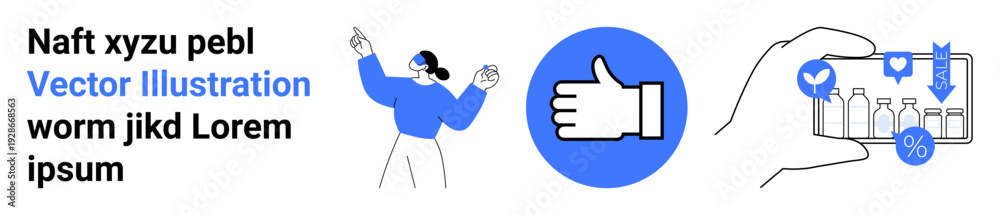 Obraz premium Digital marketing, e-commerce savings, brand loyalty, consumer trends, online shopping, approval. Female figure raising hands, thumb icon hand holding shopping app. E-commerce savings and digital