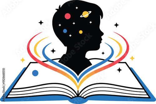 Child Head Silhouette with Open Book and Universe – Education, Imagination, Learning Concept