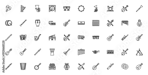 Music Instruments icon set. Vector illustration pack featuring Maracas, Harp, Tuba, Gong, Drums, Guitar, Piano, Violin, Flute, Saxophone, Trumpet and more.