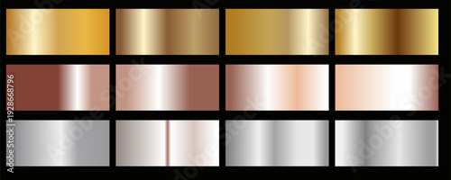 Collection of gold silver bronze and rose gold gradient texture background vector