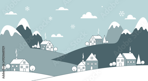Village Landscape with Snowcapped Mountains Illustration.