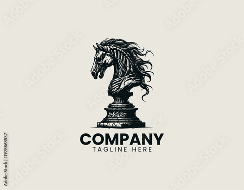 A detailed skeletal horse bust emerging from a cracked pedestal base is presented in a bold vintage engraving vector illustration style on a clean white background suitable for gothic branding tattoo 