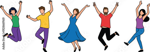 Happy people jumping with raised hands illustration showing celebration, excitement, freedom, positive emotions, and energetic lifestyle character collection