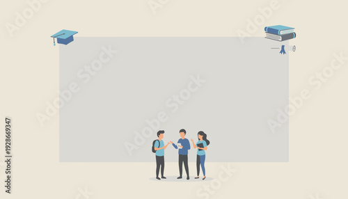 Three students standing in front of a large blank canvas with graduation caps and books.