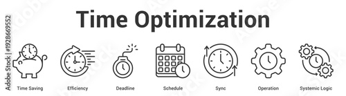 Time Optimization web banner icon set vector illustration concept for business with icon of Time Saving, Efficiency, Deadline, Schedule, Sync, Operati.