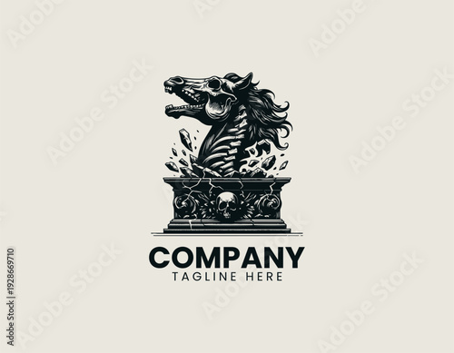 A detailed skeletal horse bust emerging from a cracked pedestal base is presented in a bold vintage engraving vector illustration style on a clean white background suitable for gothic branding tattoo 