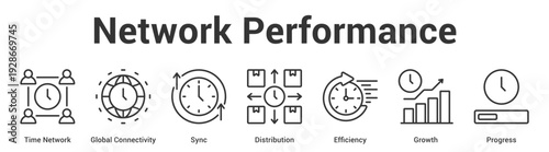 Network Performance web banner icon set vector illustration concept for business with icon of Time Network, Global Connectivity, Sync, Distribution, Efficien.