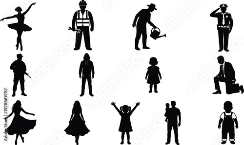 People silhouette collection featuring professions, family members, children, and lifestyle characters representing social roles, occupations, and everyday human activities illustration