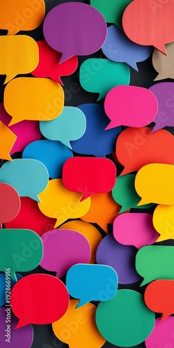 Speech bubble shapes in vibrant colors, representing diverse voices and opinions in a group discussion,  connection,  voices