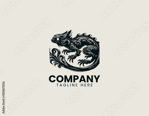 A stylized fantasy amphibian creature with elongated body fins and claws is presented in a detailed vintage engraving vector illustration style on a clean white background suitable for modern branding