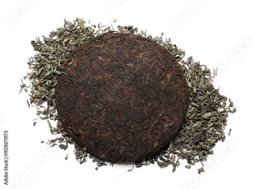 Dry pressed puer tea on whi...