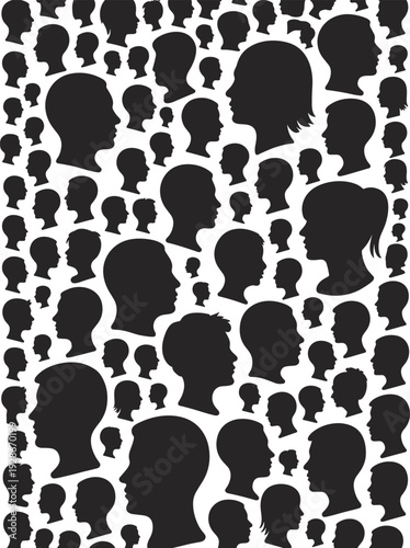 Human head silhouettes, profile icons, face shapes, diversity illustration, identity artwork, people vector collection, crowd design elements, individuality graphics, portrait pattern