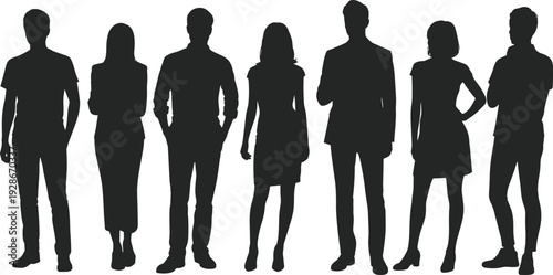 People silhouettes, diverse figures, male and female icons, standing group artwork, unity illustration, teamwork vector collection, community design elements, diversity graphics, social identity