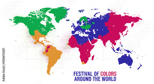 Vibrant world map with festival of colors text on white background global celebration