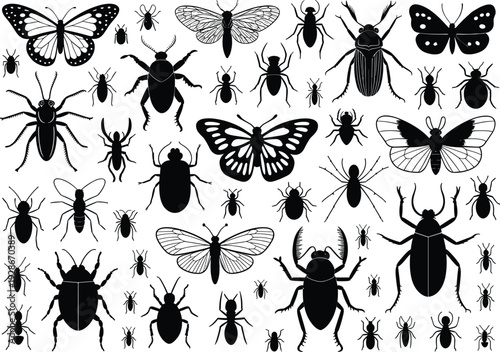 Insect silhouettes, butterfly icons, beetle shapes, ant vector collection, spider design elements, moth illustration, entomology artwork, nature patterns, bug graphics
