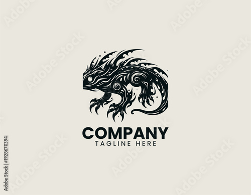 A stylized fantasy amphibian creature with elongated body fins and claws is presented in a detailed vintage engraving vector illustration style on a clean white background suitable for modern branding
