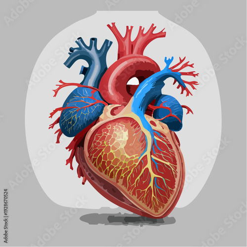 Detailed Front-View Illustration of Human Heart Anatomy Showing Chambers and Vessels in a Clinical Setting