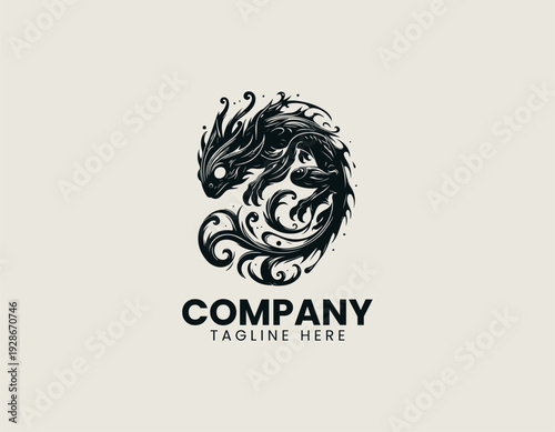 A stylized fantasy amphibian creature with elongated body fins and claws is presented in a detailed vintage engraving vector illustration style on a clean white background suitable for modern branding