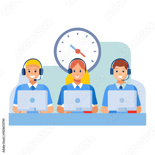 Diverse team of customer service operators wearing headsets, working at computers in a modern office setting, with a large clock symbolizing time efficiency and global connectivity represented by ...
