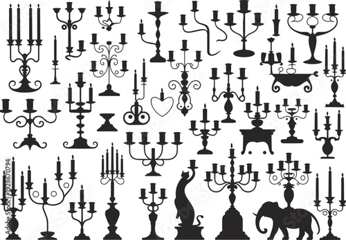 Silhouette candelabras, ornate candle holders, decorative cat elephant heart shapes, abstract artistic design, black vector illustration, vintage home decor, collection