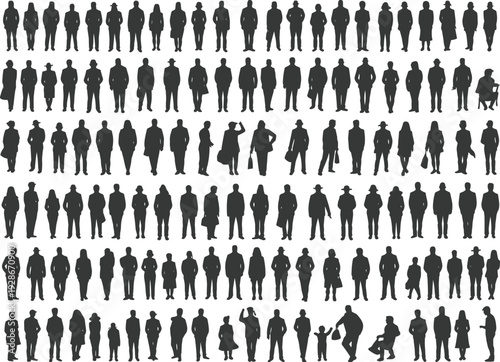 Silhouette people grid, diverse human figures, walking standing sitting carrying, black silhouettes pattern, demographic diversity, posture attire illustration, crowd design reference