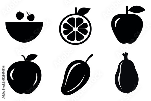 A healthy set of fruits featuring a vector illustration of an apple, mango, guava, orange and various fruits icon silhouette for vegetarian food symbols