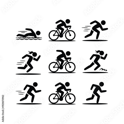 Triathlon icons show swimming, cycling, and running activity.
