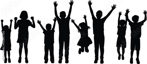 Silhouettes of children jumping, raising arms, joyful celebration, group unity concept, childhood happiness illustration, playful energy design, fun activity representation