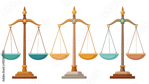 Classic Justice Scales Vector Set – Traditional Court Balance Symbols Collection in Flat Color Style