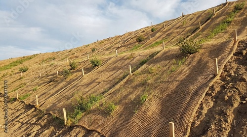 Hillside covered in erosion control matting with young green plants growing on a bright day