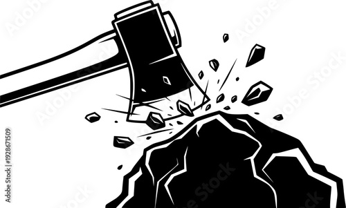 Silhouette of a pickaxe breaking rock, symbolizing mining and hard work
