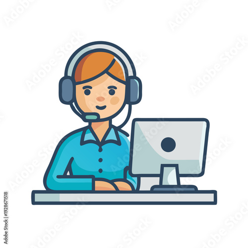 Woman Wearing Headset Working on Computer.
