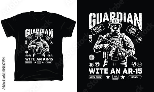Guardian soldier with rifle vector illustration for tactical gear and apparel print design