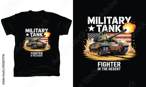 Military tank fighter in desert vector illustration for tshirt design with american flag