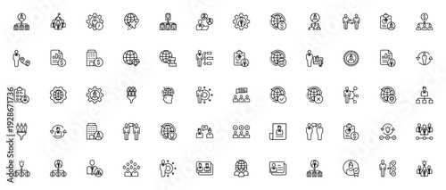 Business and management icon set. Vector collection of minimalist linear icons including building, team, analytics, skills, global business, startup, and management symbols. Editable stroke.