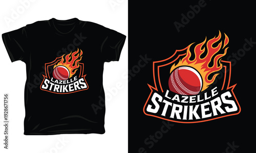 Lazelle Strikers vector illustration sport logo fiery cricket ball on black