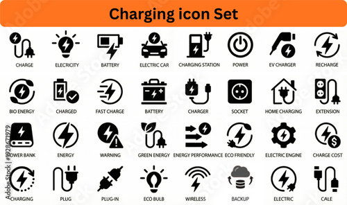 Charging icon set silhouette vector on white background 