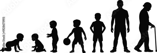 Human growth silhouettes, life stages icons, aging figures artwork, development illustration, generational vector collection, evolution design elements, timeline graphics, family pattern, maturity