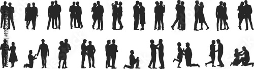 Couple silhouettes, romantic icons, love figures artwork, relationship illustration, diverse vector collection, affectionate design elements, unity graphics, emotional connection pattern