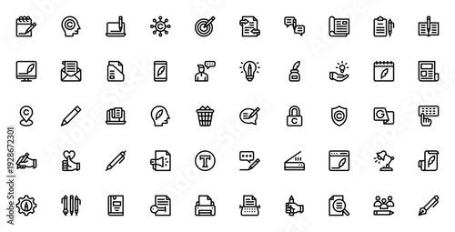 Copywriting icon set. Vector illustration pack. Includes notebook, laptop, target, mail, smartphone, idea, calendar, pen, text, blog and more. Editable stroke.