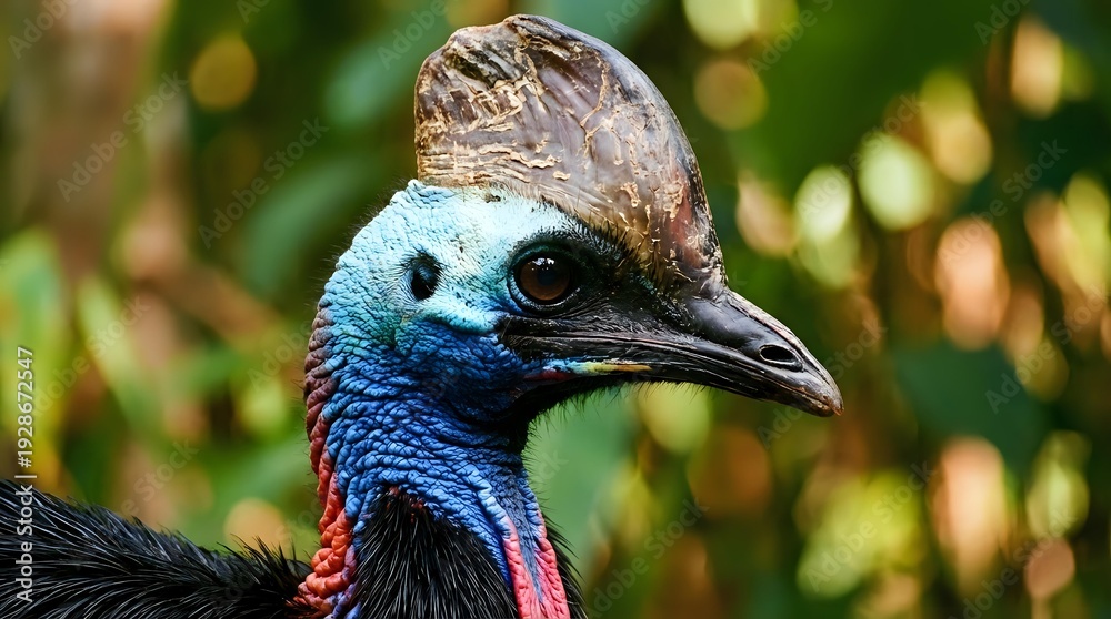 Naklejka premium Cassowary bird head portrait with vibrant blue and black feathers, distinctive casque crest, in tropical rainforest habitat for wildlife photography projects.