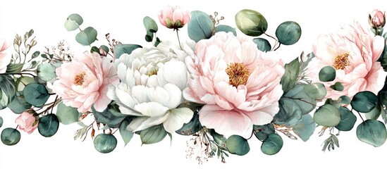 Watercolor floral border with peonies, eucalyptus, and greenery, soft colors, elegant design