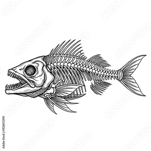 Detailed Fish Skeleton Hand Drawn Black and White Illustration

