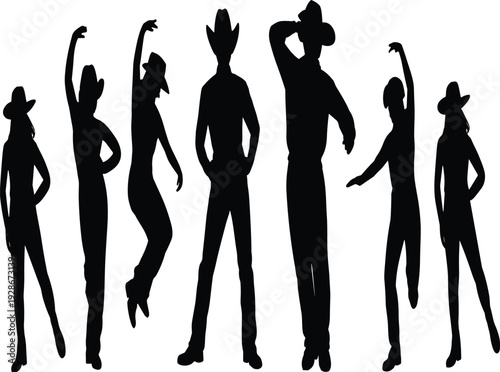 Cowboy silhouettes, western dance icons, line dancing figures, country music artwork, rodeo vector collection, cultural design elements, group performance graphics, folk pattern