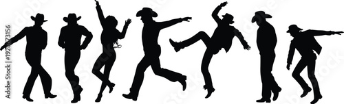 Cowboy silhouettes, western dance icons, line dancing figures, country music artwork, rodeo vector collection, cultural design elements, group performance graphics, folk tradition pattern