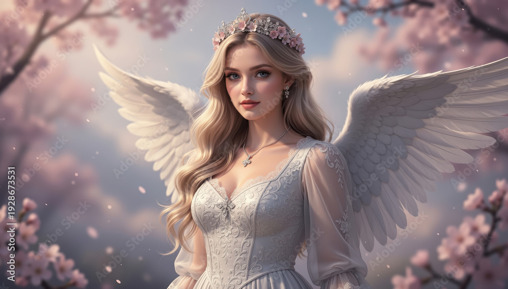 Naklejka premium Serene Angel in Blossom: An ethereal angelic figure, adorned with delicate wings and a floral crown, stands amidst a vibrant blossom, creating a scene of serenity and grace.