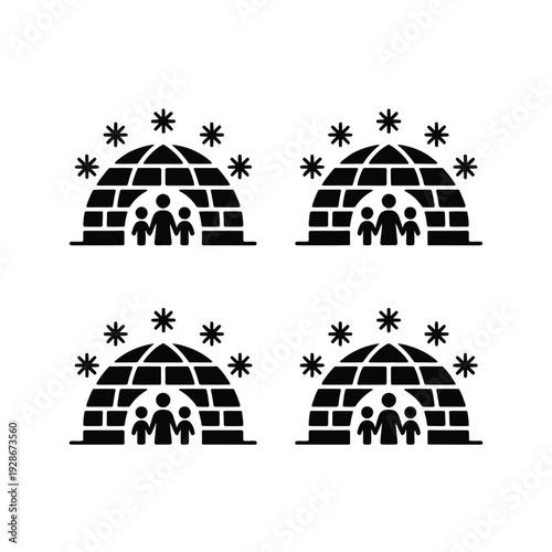 Four stylized igloos with silhouette families inside represent indigenous culture and shelter.