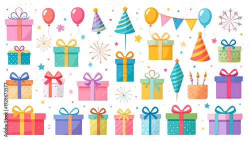 Colorful Party Popper and Gift Box Vector Set Festive Birthday Elements